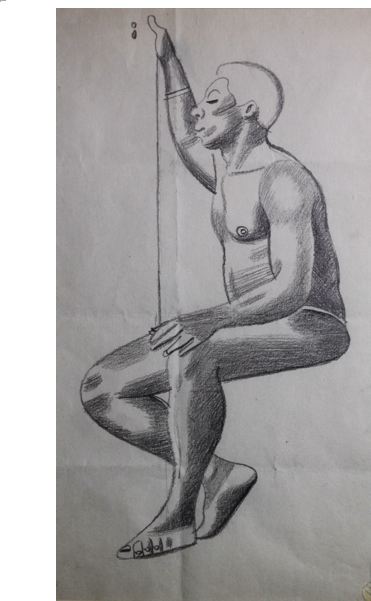 Male Life Study, Black, Sitting, with Raised Arm